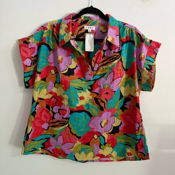 THML Colorful Floral 100% Cotton Linen  Shirt NWT - Picture 1 of 5